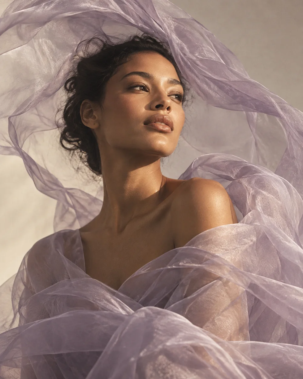 An editorial portrait with delicate lilac fabric floating around a woman in warm light