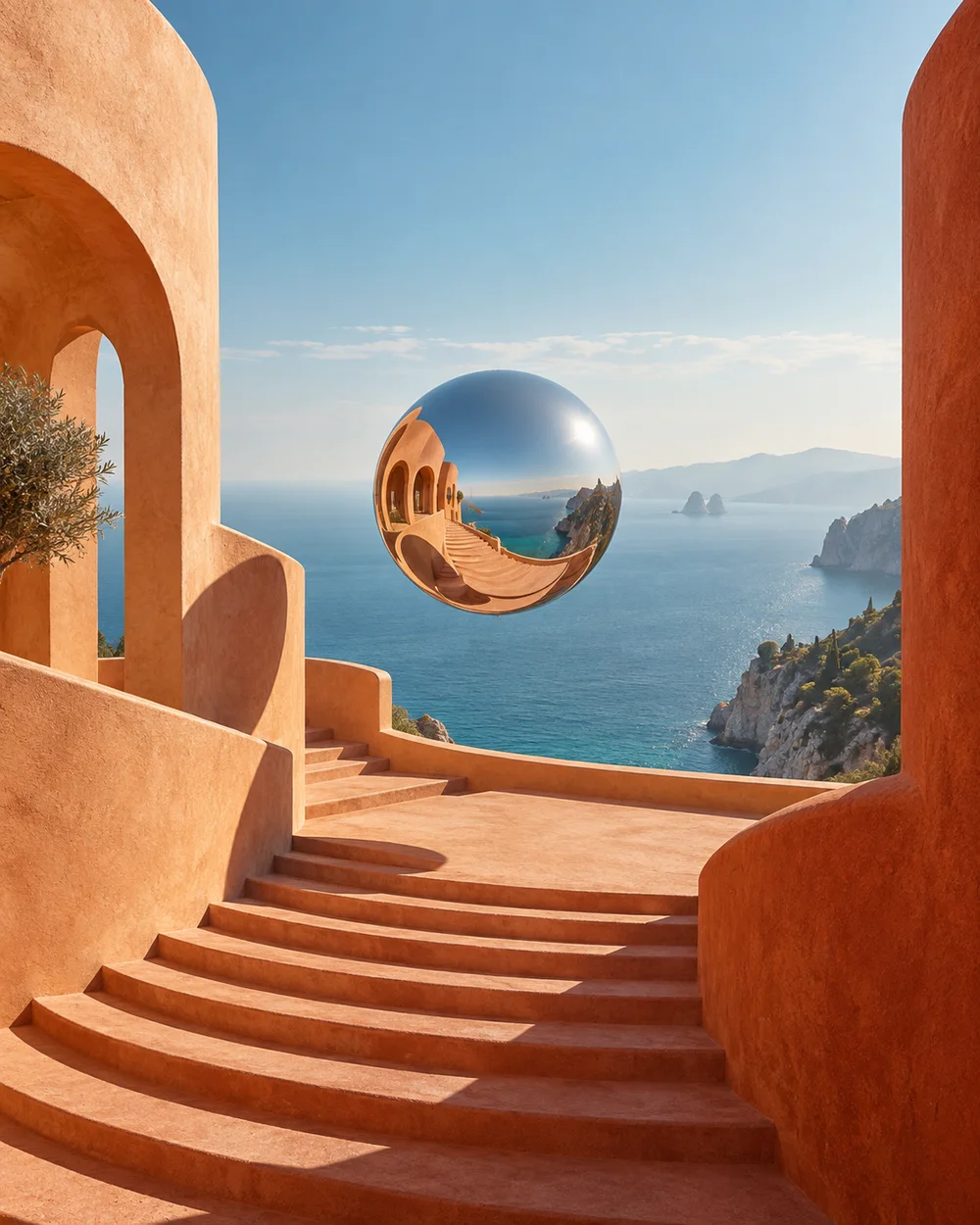 A chrome sphere hovering above terracotta steps beside a tranquil blue sea